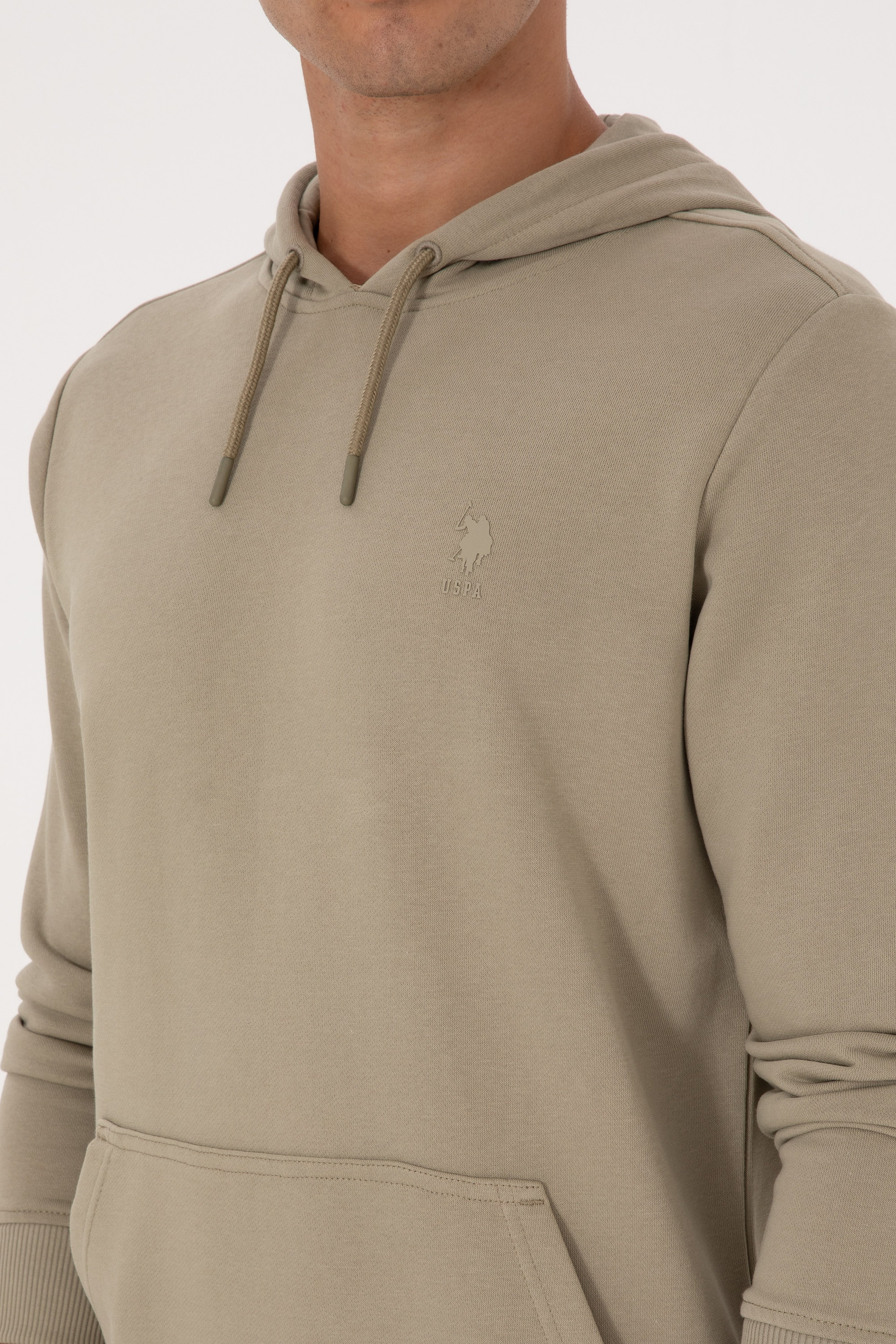 Erkek Regular Fit Kapüşonlu Açık Haki Basic Sweatshirt - Image 7