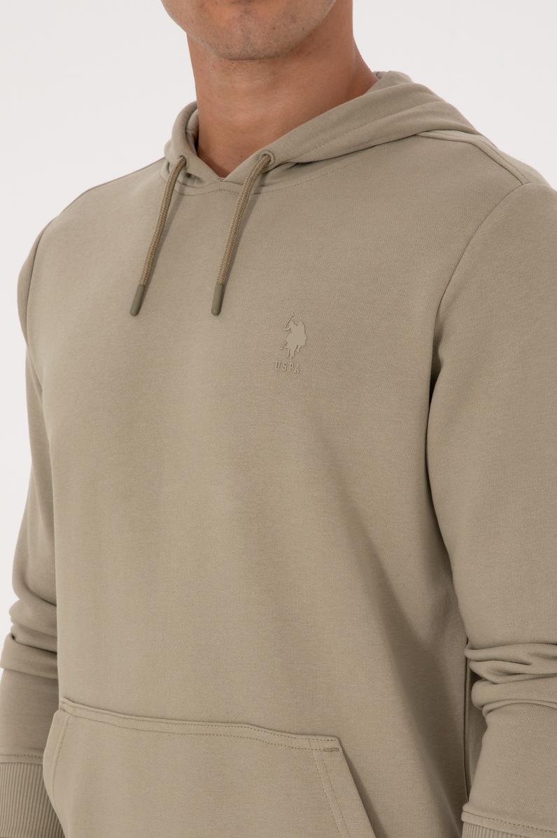 Erkek Regular Fit Kapüşonlu Açık Haki Basic Sweatshirt