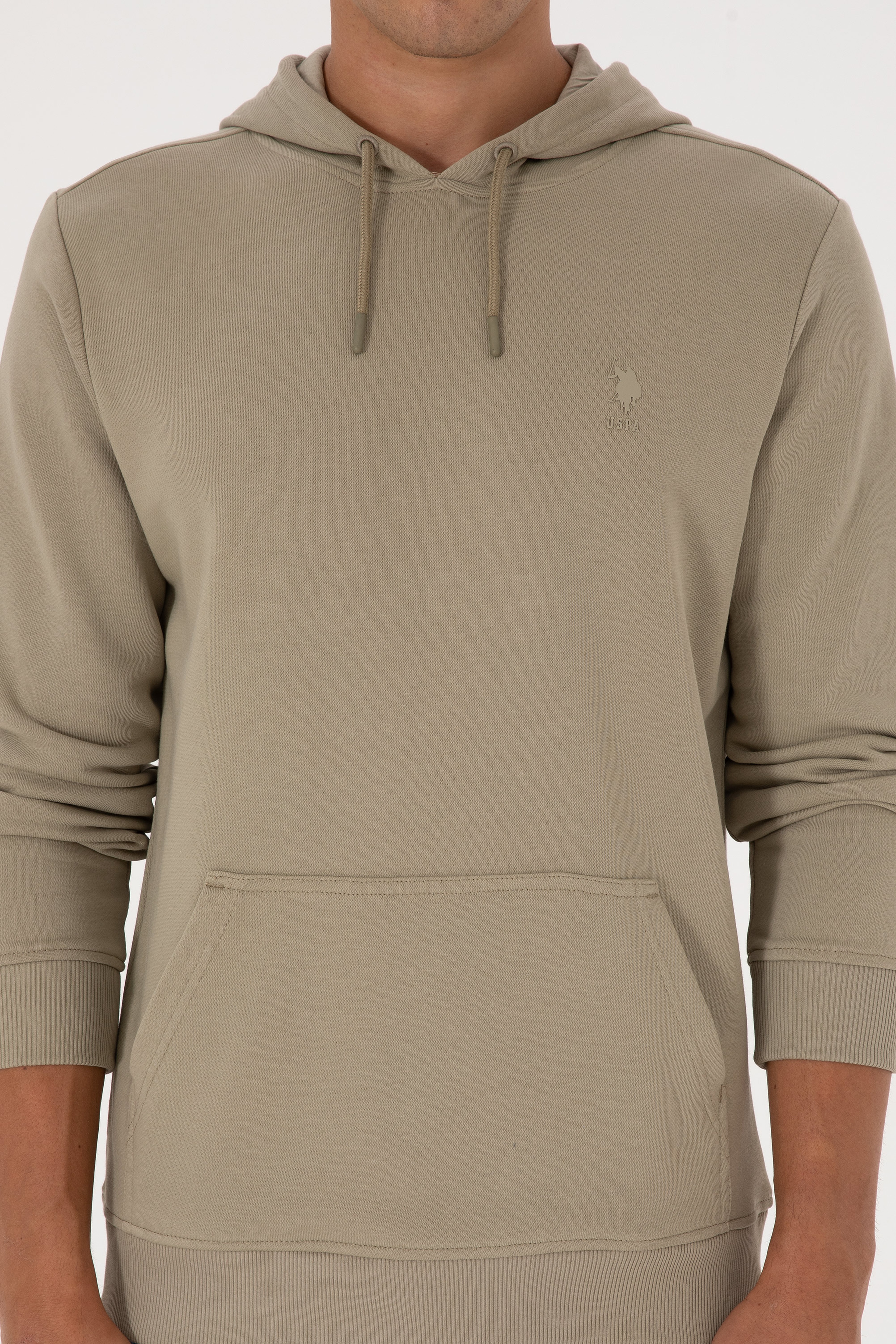 Erkek Regular Fit Kapüşonlu Açık Haki Basic Sweatshirt - Image 6