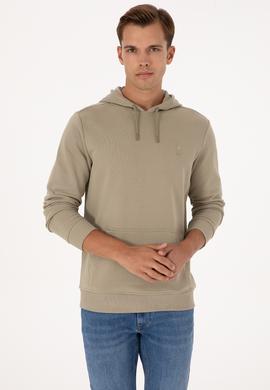 Erkek Regular Fit Kapüşonlu Açık Haki Basic Sweatshirt - 50313720128