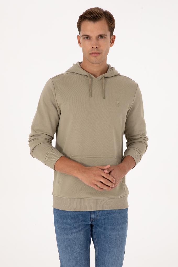 Erkek Regular Fit Kapüşonlu Açık Haki Basic Sweatshirt