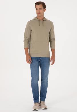 Erkek Regular Fit Kapüşonlu Açık Haki Basic Sweatshirt - 50313720128