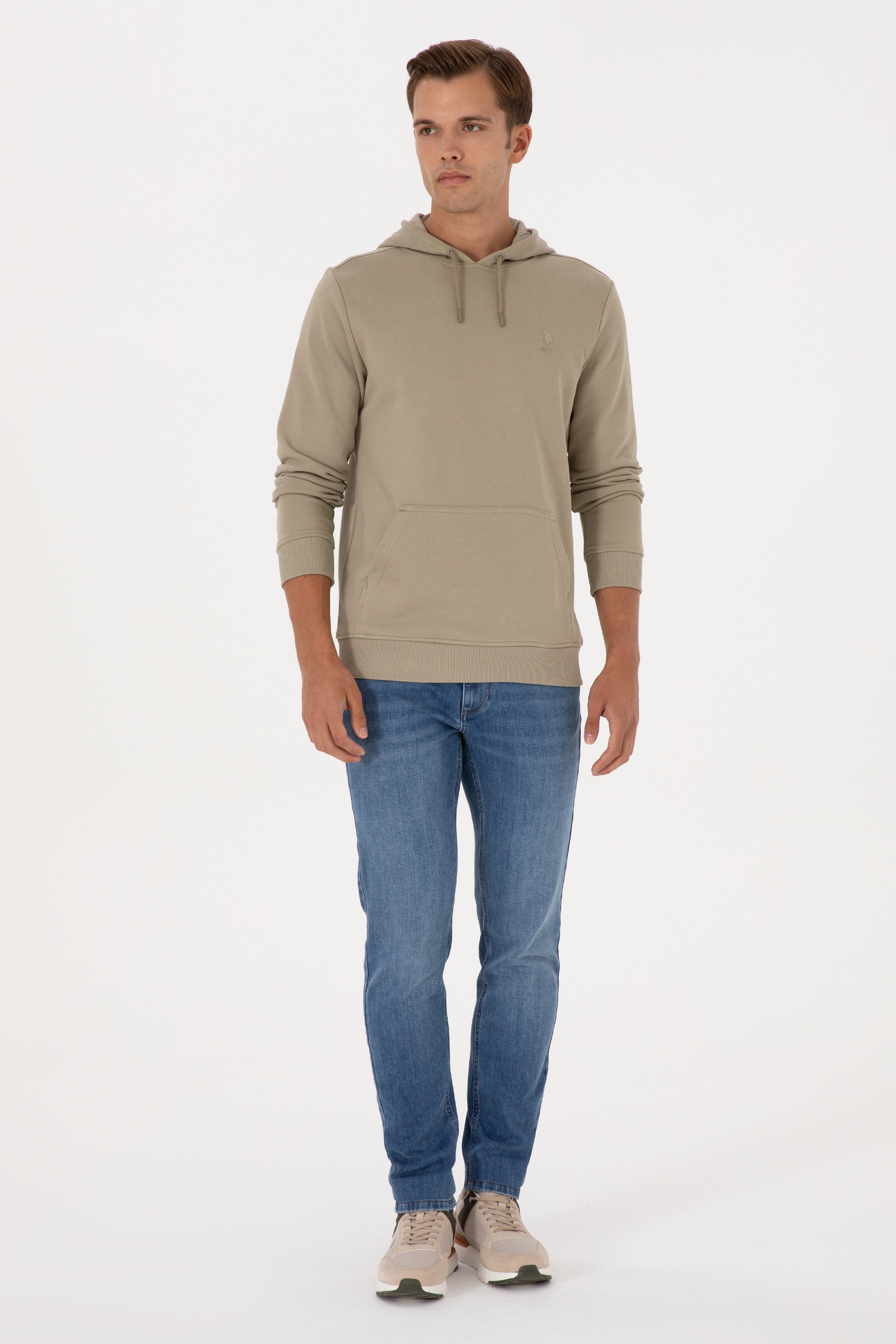 Erkek Regular Fit Kapüşonlu Açık Haki Basic Sweatshirt