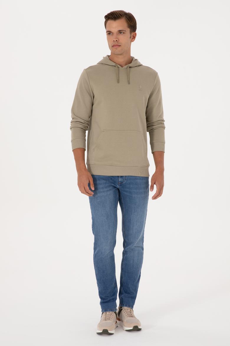 Erkek Regular Fit Kapüşonlu Açık Haki Basic Sweatshirt - 50313720128