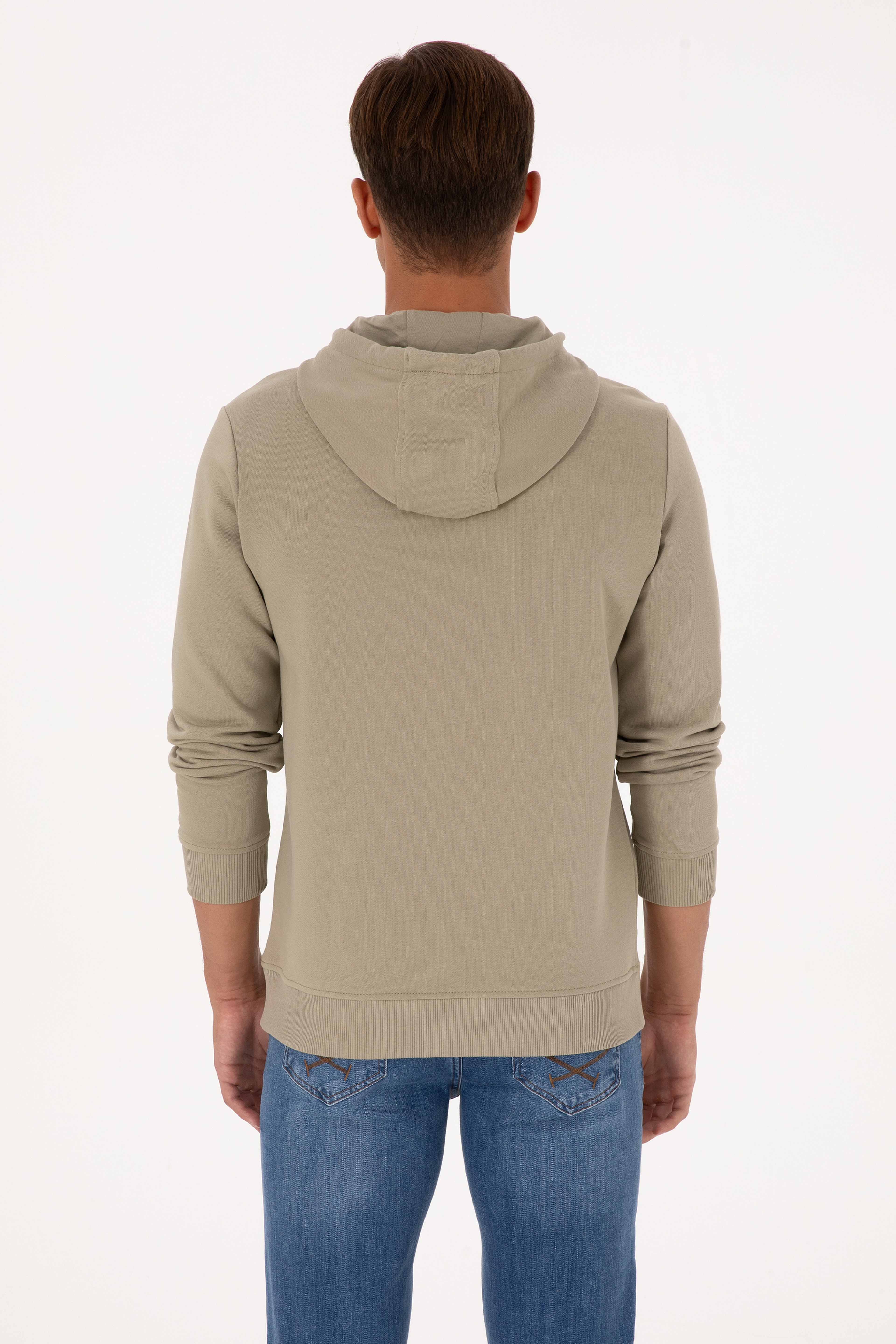 Erkek Regular Fit Kapüşonlu Açık Haki Basic Sweatshirt - Image 5