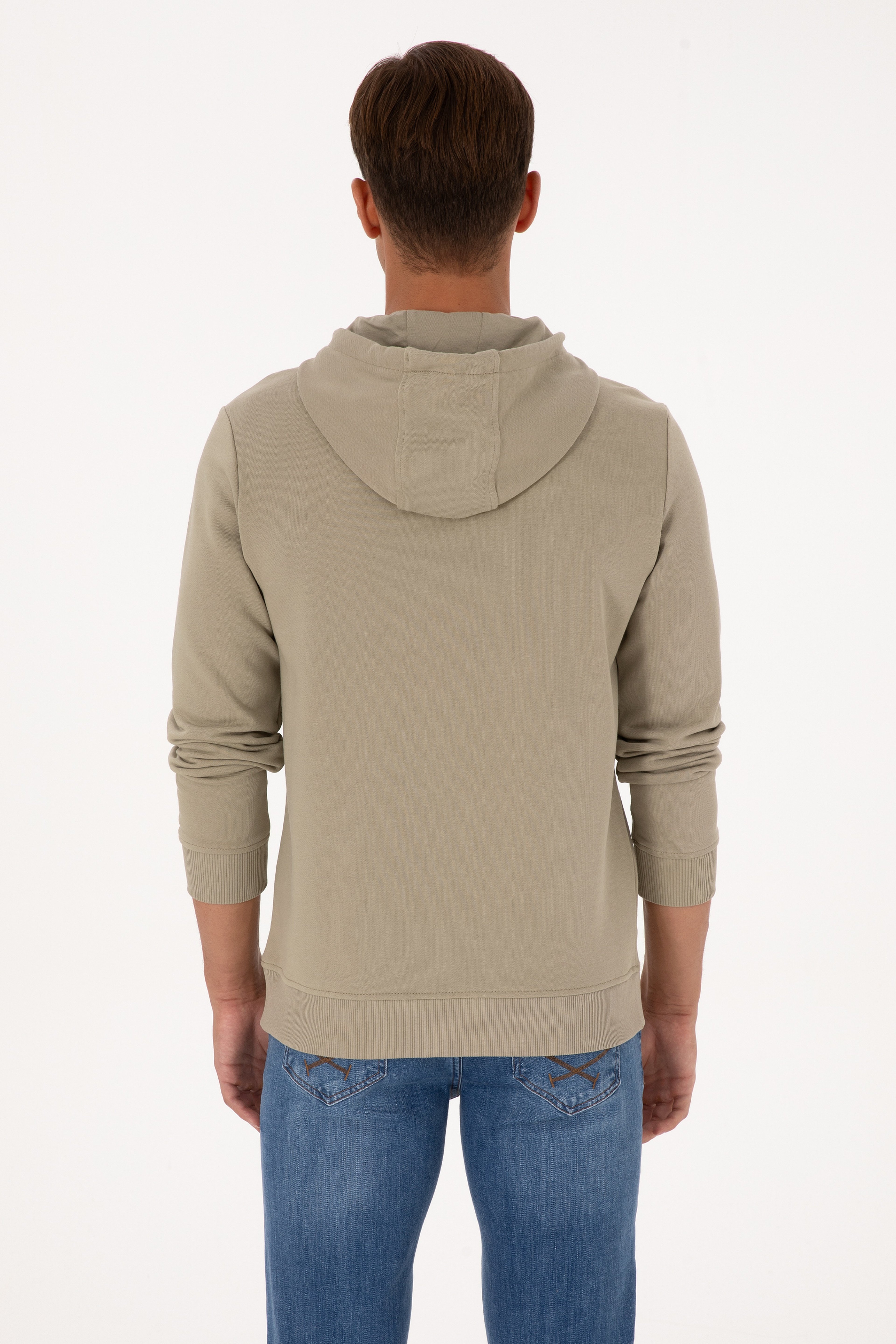 Erkek Regular Fit Kapüşonlu Açık Haki Basic Sweatshirt