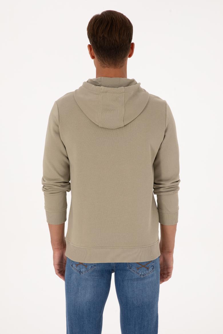 Erkek Regular Fit Kapüşonlu Açık Haki Basic Sweatshirt - 50313720128