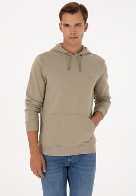 Erkek Regular Fit Kapüşonlu Açık Haki Basic Sweatshirt - 50313720128