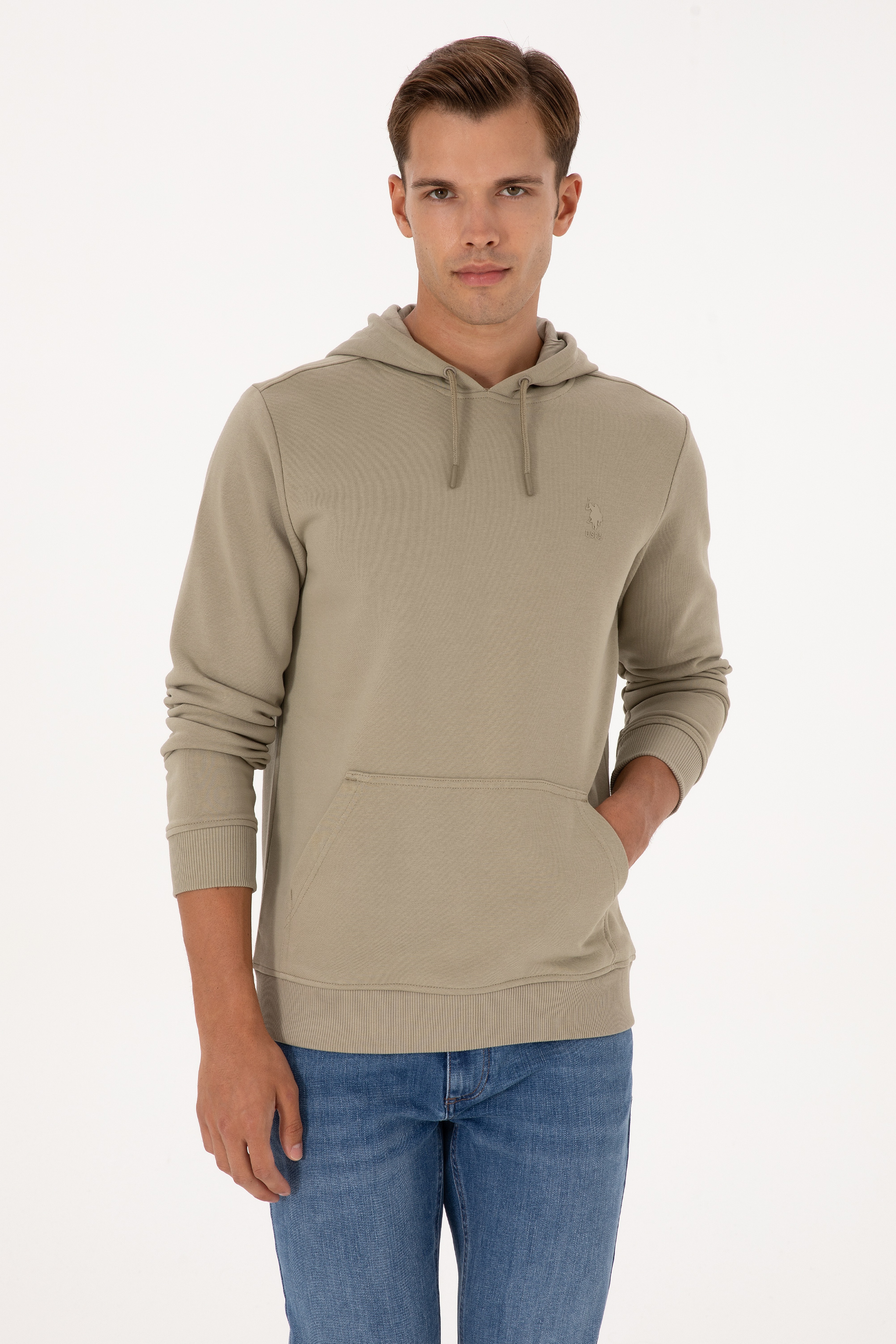 Erkek Regular Fit Kapüşonlu Açık Haki Basic Sweatshirt
