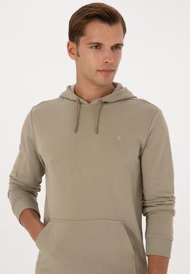 Erkek Regular Fit Kapüşonlu Açık Haki Basic Sweatshirt - 50313720128