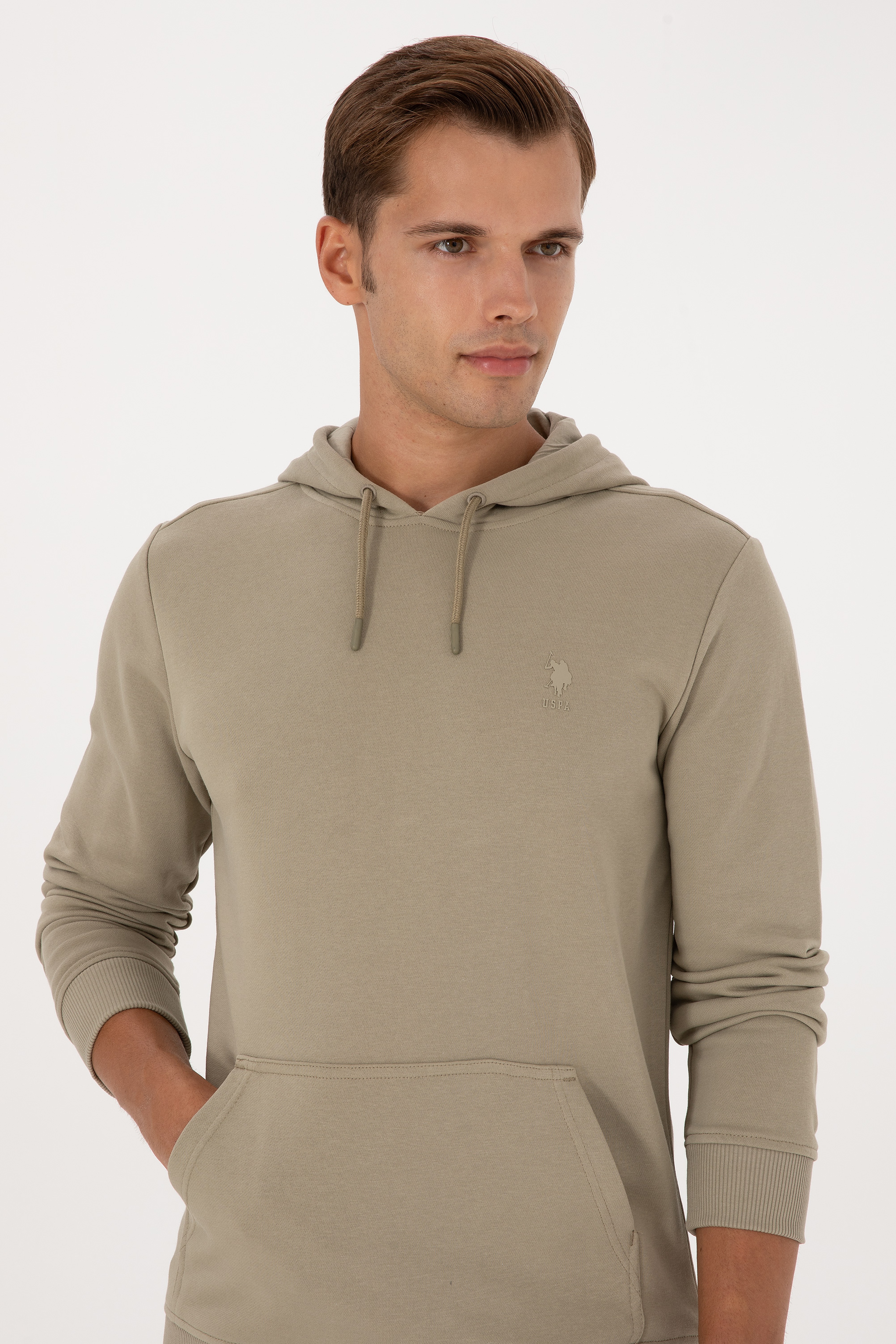 Erkek Regular Fit Kapüşonlu Açık Haki Basic Sweatshirt