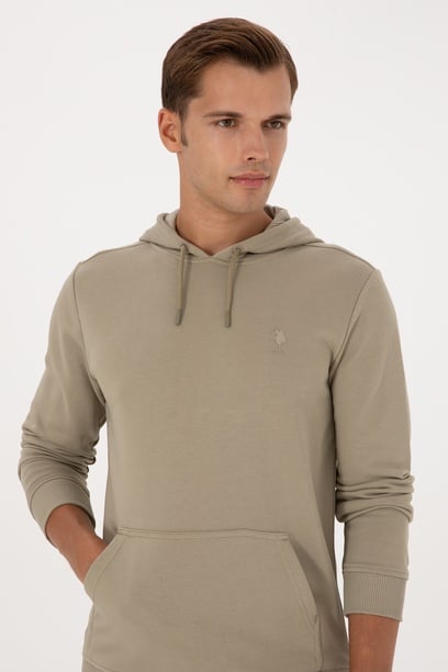 Erkek Regular Fit Kapüşonlu Açık Haki Basic Sweatshirt