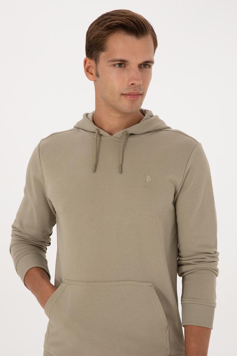 Erkek Regular Fit Kapüşonlu Açık Haki Basic Sweatshirt - 50313720128