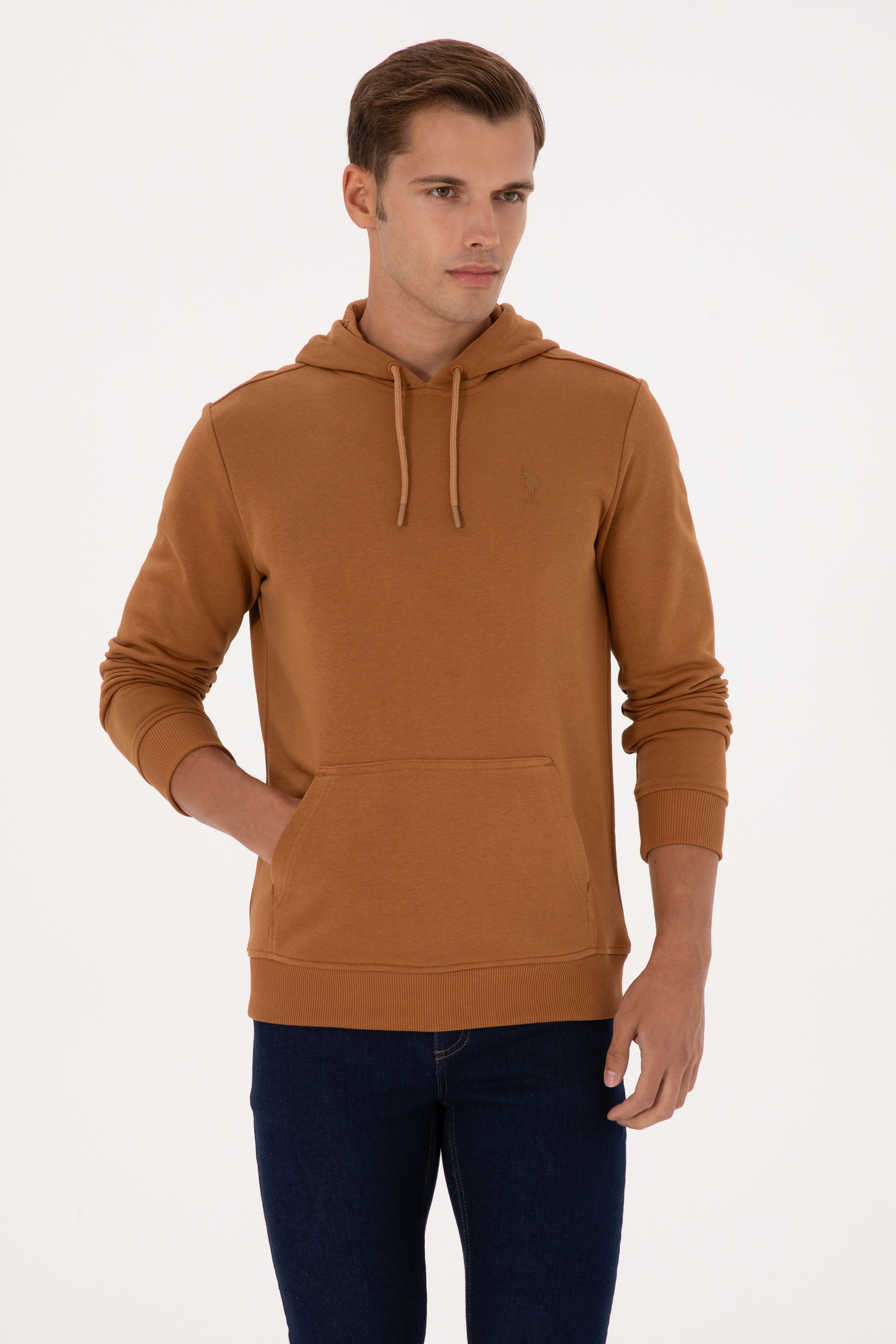 Erkek Regular Fit Kapüşonlu Camel Basic Sweatshirt - Image 1