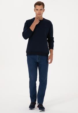 Erkek Comfort Fit Bisiklet Yaka Şardonlu Lacivert Basic Sweatshirt - 50313757029