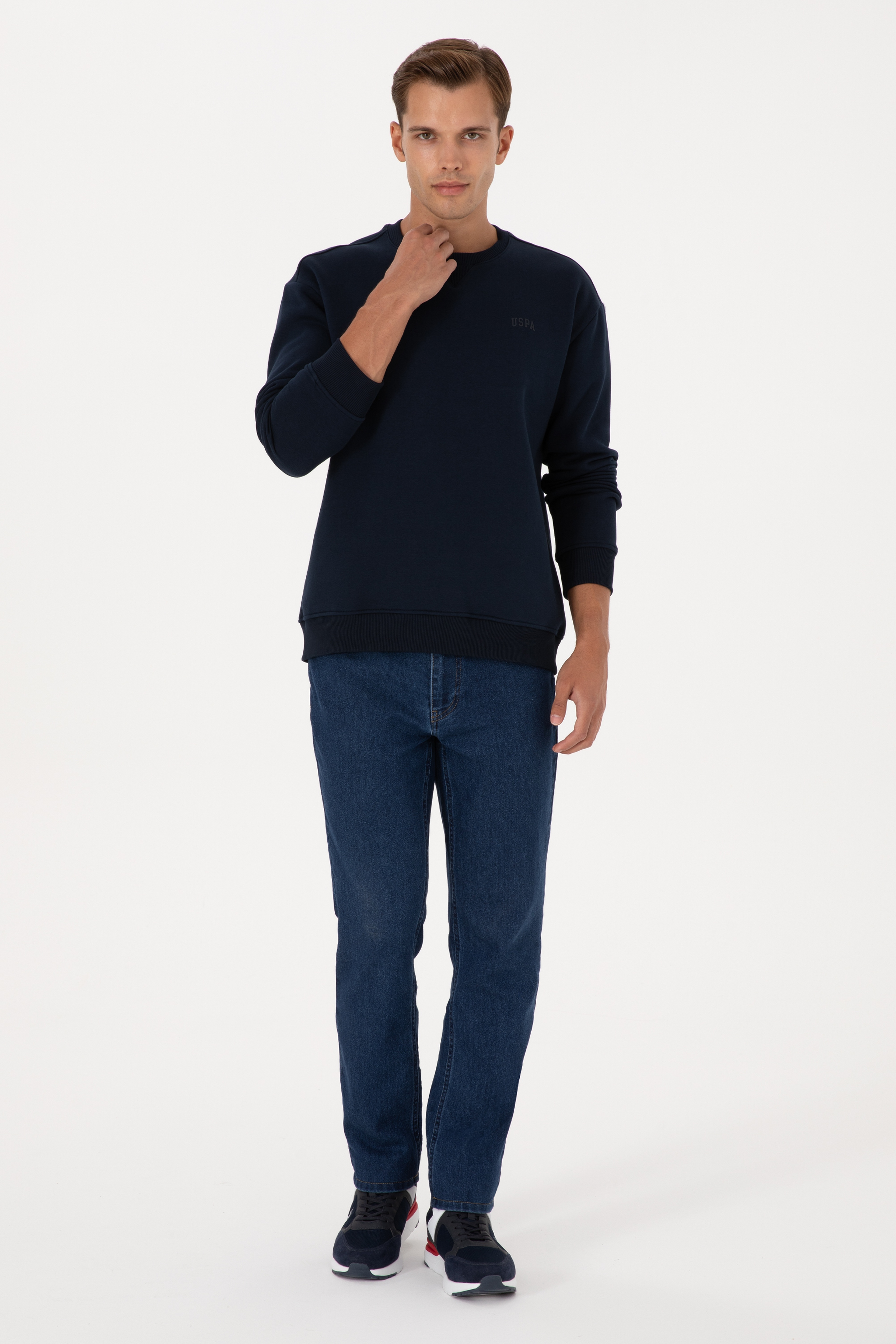 Erkek Comfort Fit Bisiklet Yaka Şardonlu Lacivert Basic Sweatshirt - Image 4