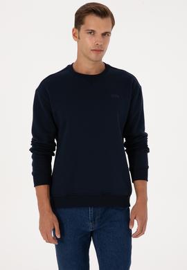 Erkek Comfort Fit Bisiklet Yaka Şardonlu Lacivert Basic Sweatshirt - 50313757029