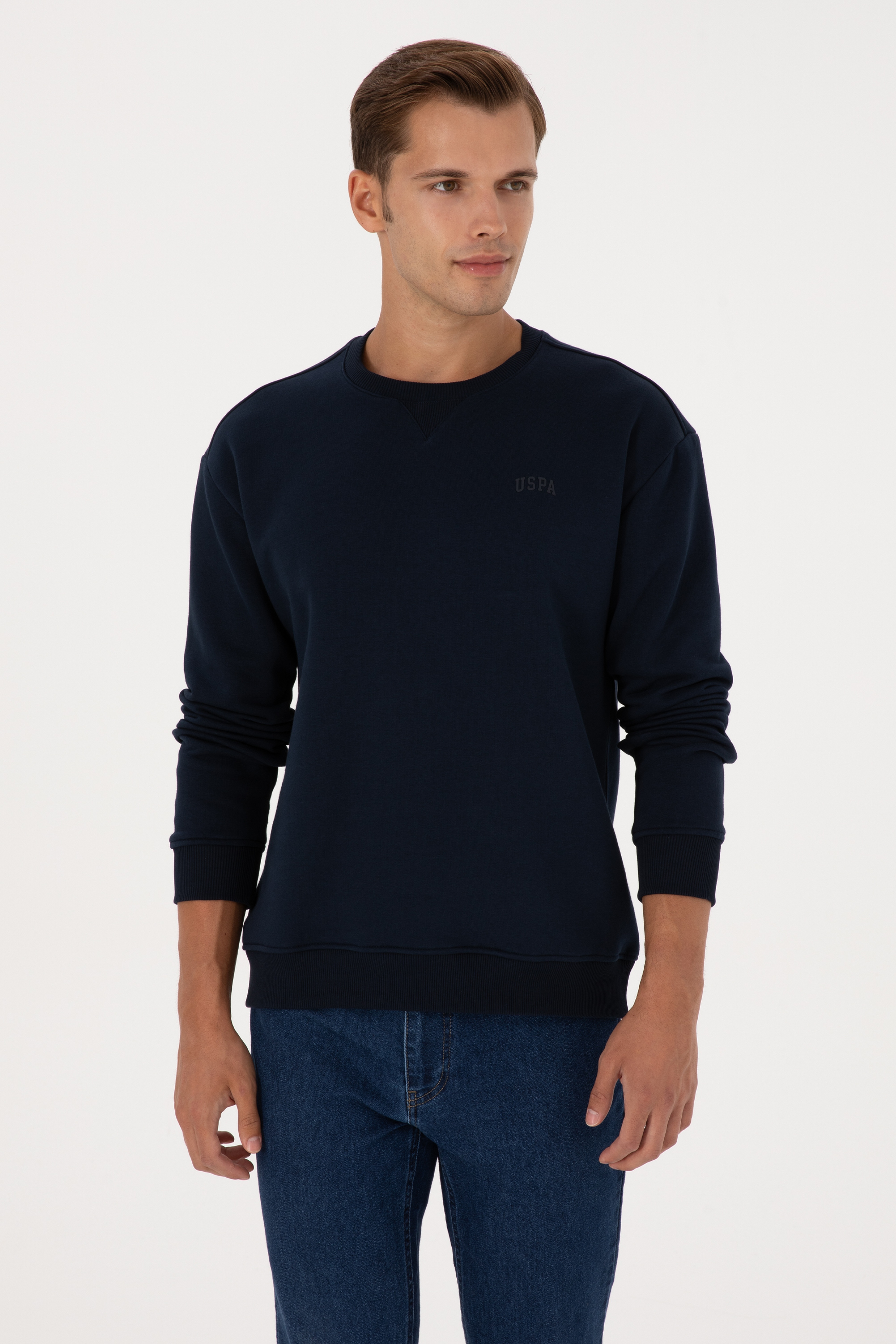Erkek Comfort Fit Bisiklet Yaka Şardonlu Lacivert Basic Sweatshirt