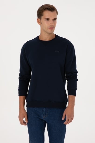 Erkek Comfort Fit Bisiklet Yaka Şardonlu Lacivert Basic Sweatshirt