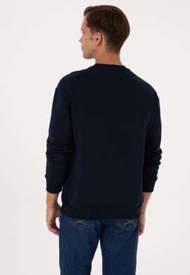 Erkek Comfort Fit Bisiklet Yaka Şardonlu Lacivert Basic Sweatshirt - 50313757029