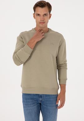 Erkek Comfort Fit Bisiklet Yaka Şardonlu Açık Haki Basic Sweatshirt - 50313757068