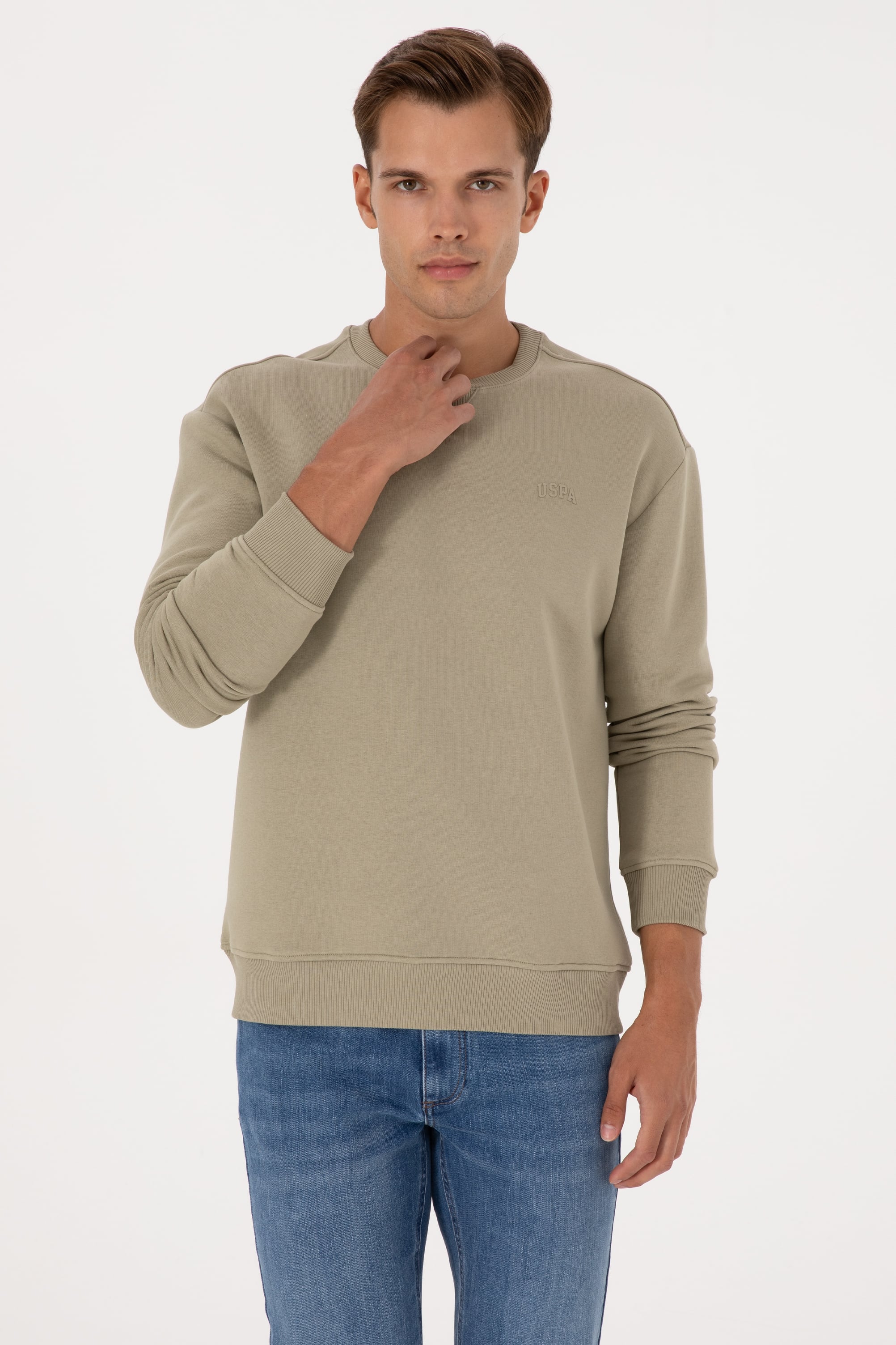 Erkek Comfort Fit Bisiklet Yaka Şardonlu Açık Haki Basic Sweatshirt - Image 1
