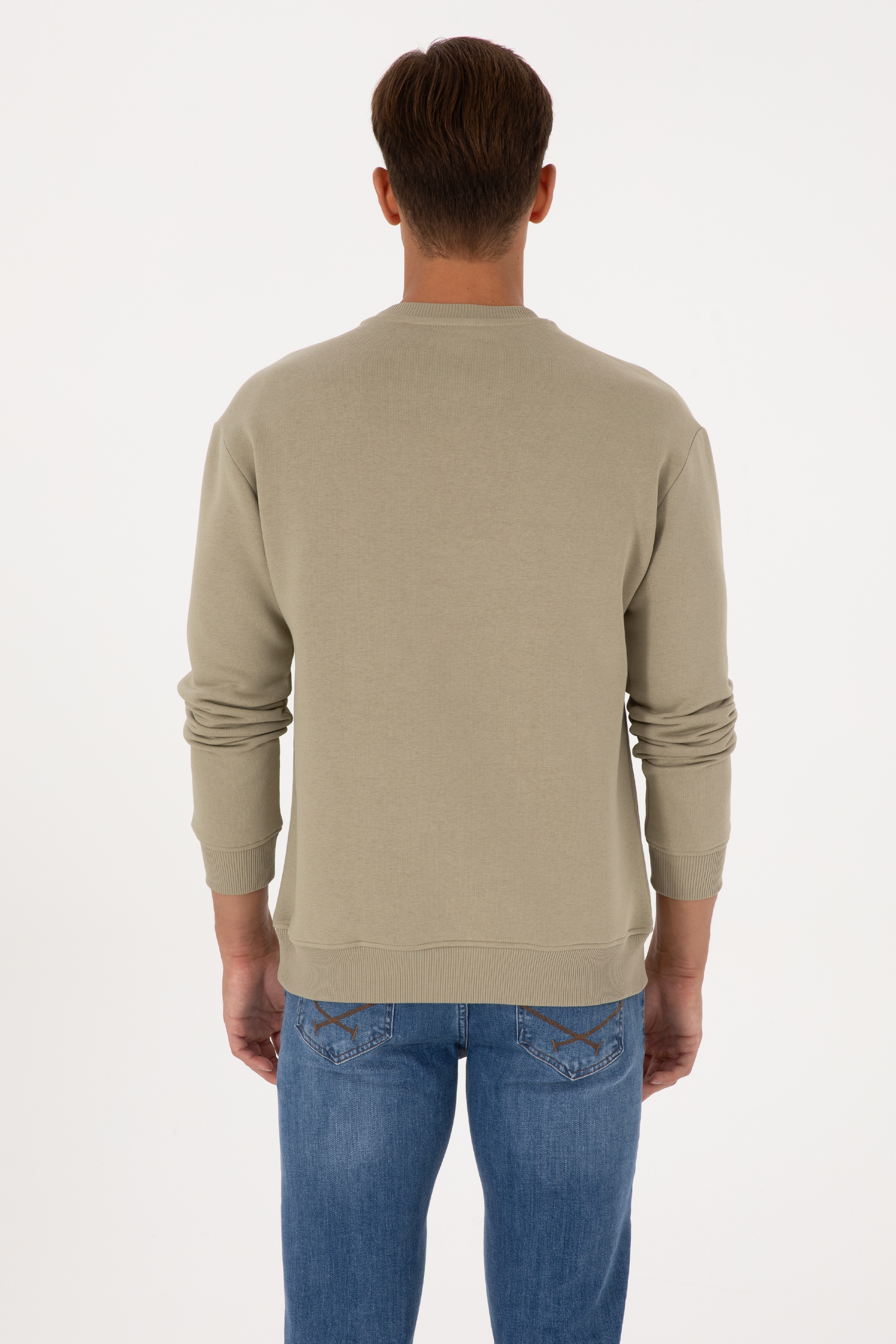 Erkek Comfort Fit Bisiklet Yaka Şardonlu Açık Haki Basic Sweatshirt - Image 5