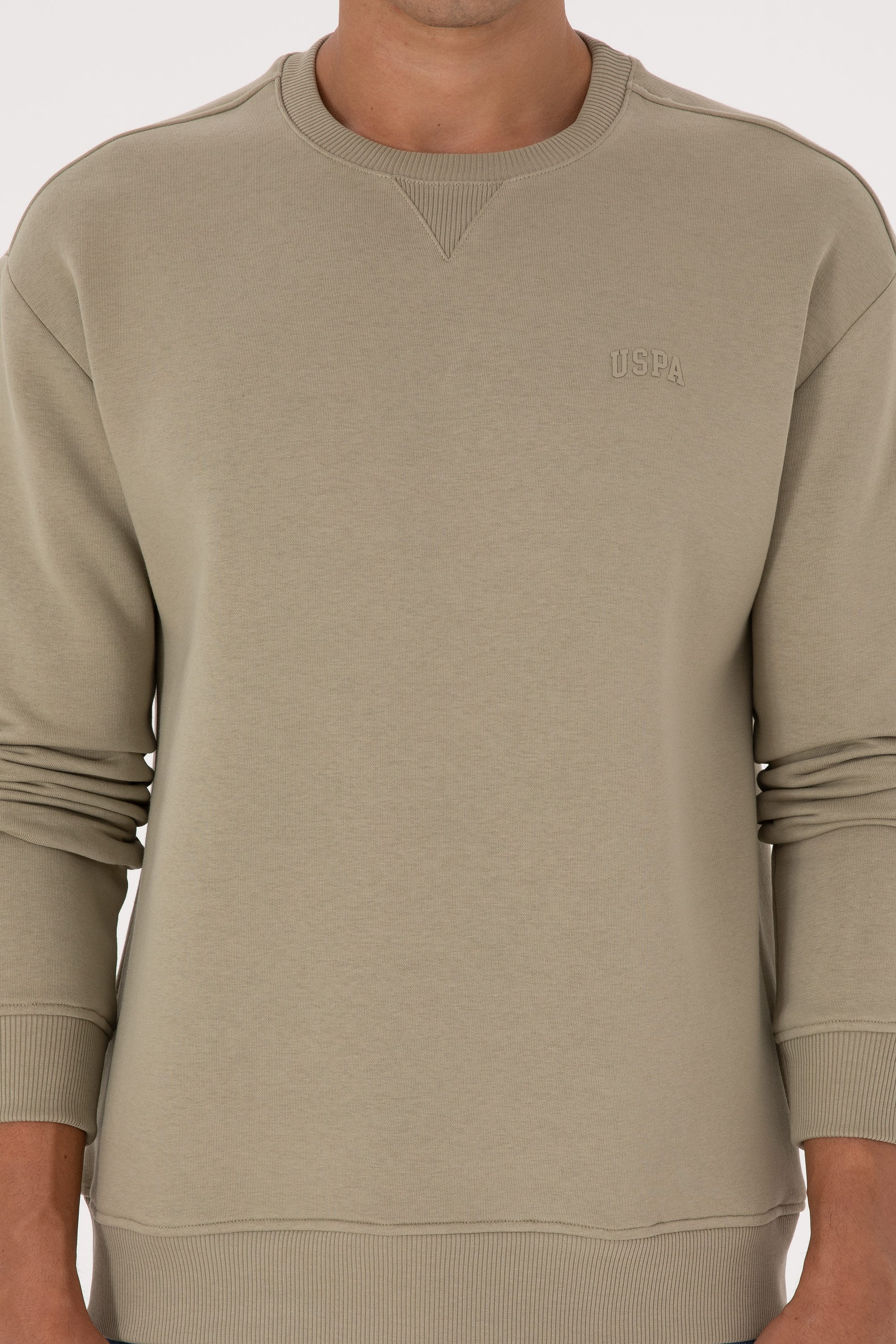 Erkek Comfort Fit Bisiklet Yaka Şardonlu Açık Haki Basic Sweatshirt - Image 6