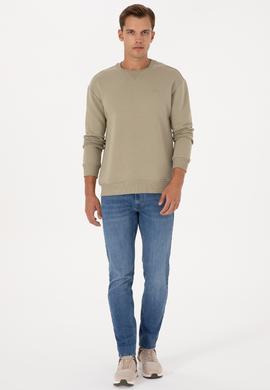 Erkek Comfort Fit Bisiklet Yaka Şardonlu Açık Haki Basic Sweatshirt - 50313757068