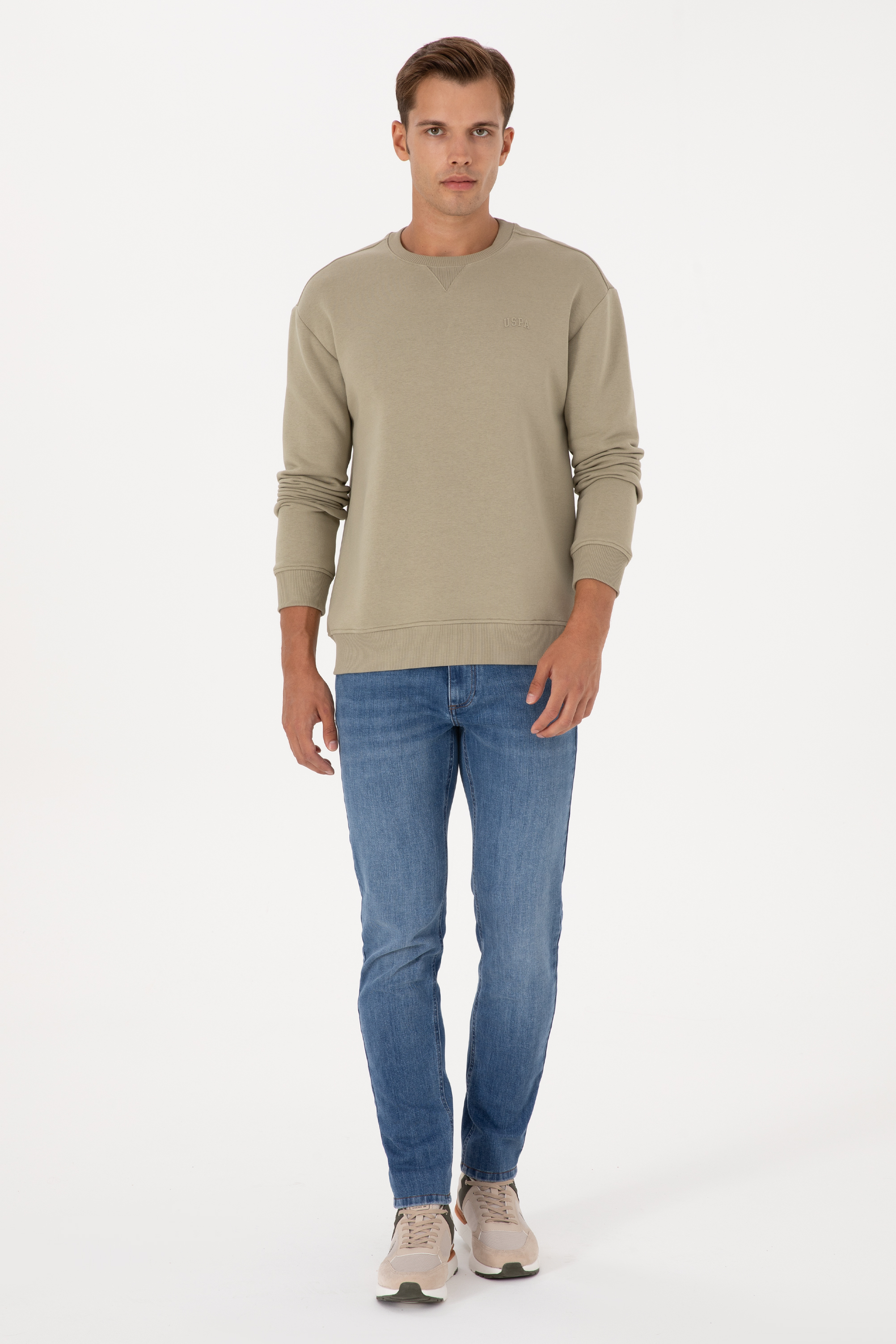 Erkek Comfort Fit Bisiklet Yaka Şardonlu Açık Haki Basic Sweatshirt - Image 4