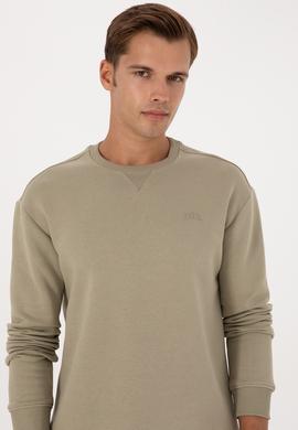 Erkek Comfort Fit Bisiklet Yaka Şardonlu Açık Haki Basic Sweatshirt - 50313757068