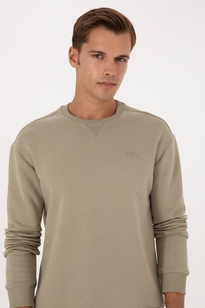 Erkek Comfort Fit Bisiklet Yaka Şardonlu Açık Haki Basic Sweatshirt