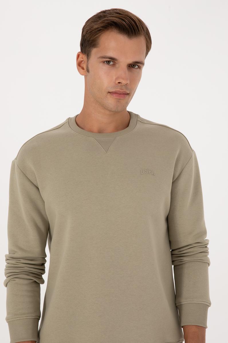 Erkek Comfort Fit Bisiklet Yaka Şardonlu Açık Haki Basic Sweatshirt