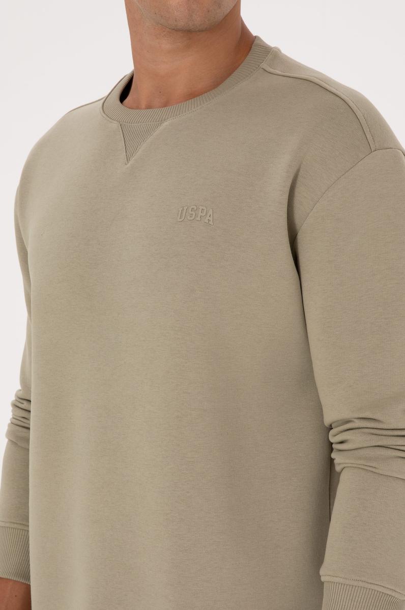 Erkek Comfort Fit Bisiklet Yaka Şardonlu Açık Haki Basic Sweatshirt
