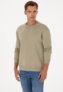 Erkek Comfort Fit Bisiklet Yaka Şardonlu Açık Haki Basic Sweatshirt - 50313757068