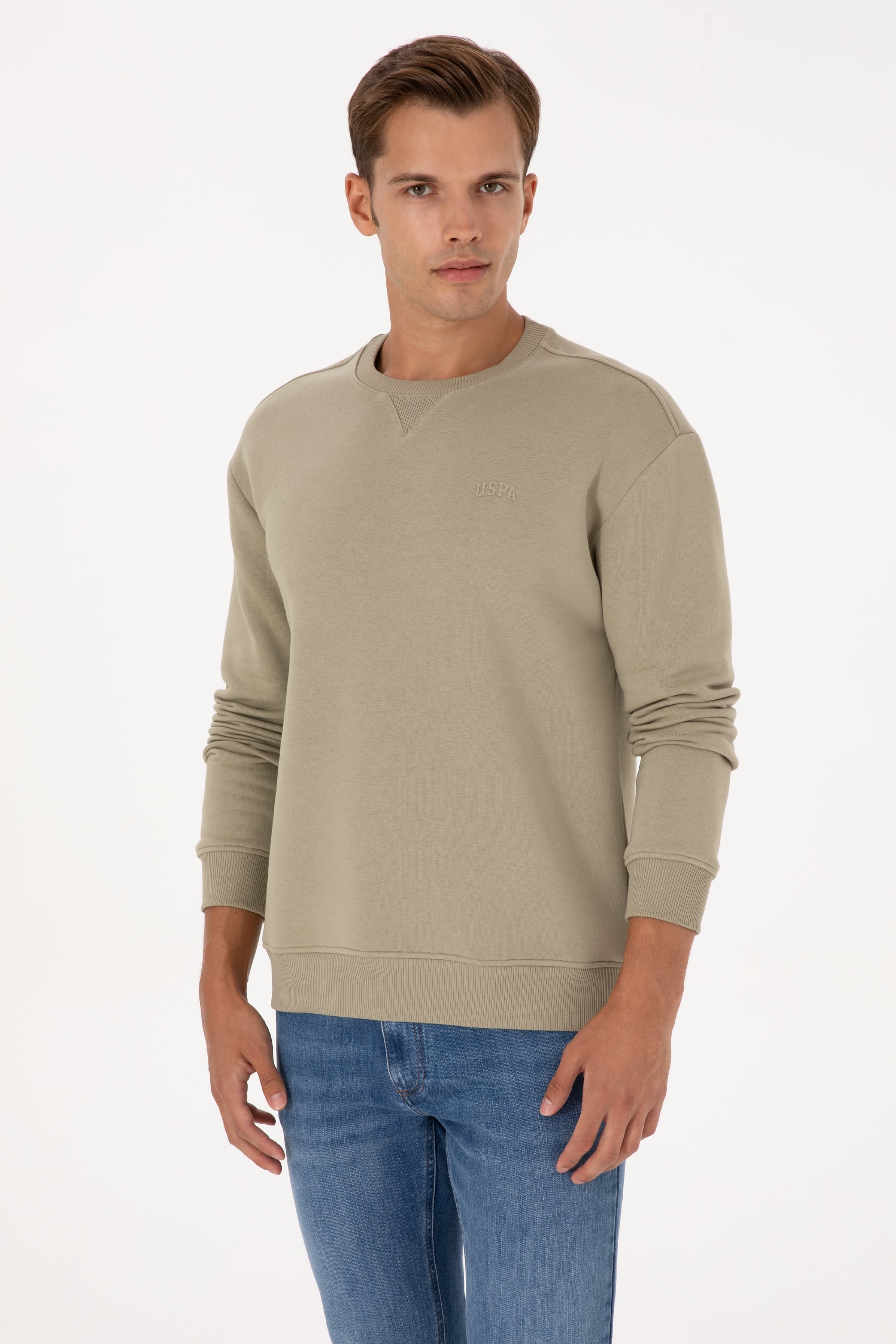Erkek Comfort Fit Bisiklet Yaka Şardonlu Açık Haki Basic Sweatshirt - Image 3