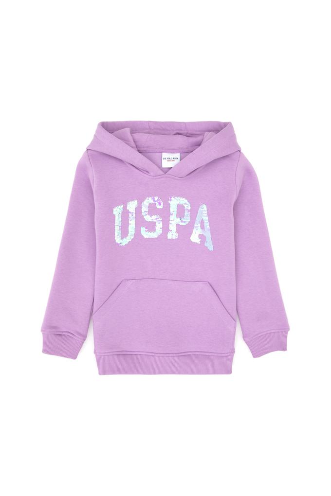 Kız Çocuk Lila Payet İşlemeli Şardonlu Kapüşonlu Basic Sweatshirt