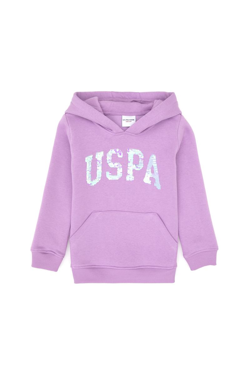 Kız Çocuk Lila Payet İşlemeli Şardonlu Kapüşonlu Basic Sweatshirt