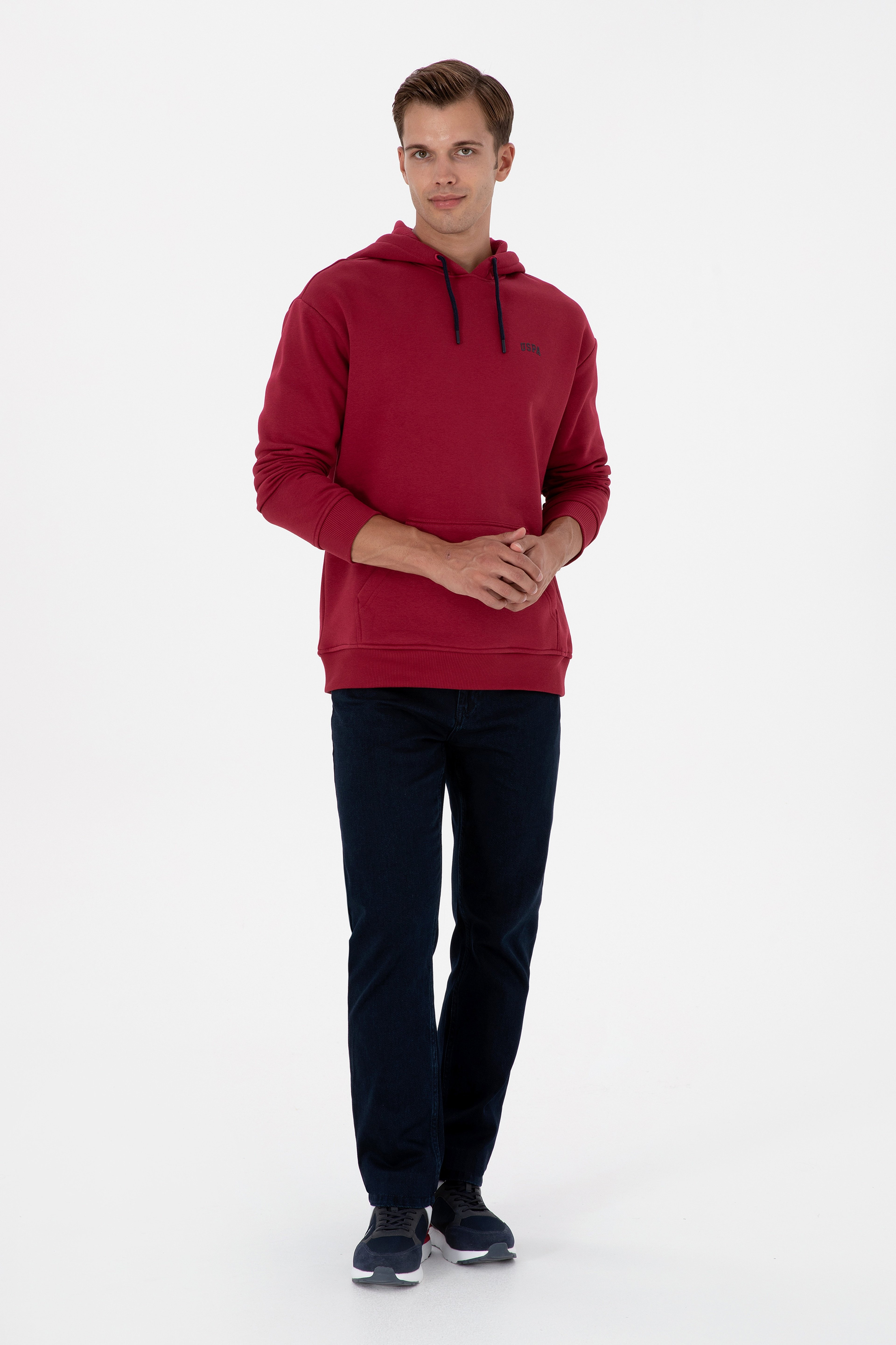 Erkek Oversize Fit Kapüşonlu Şardonlu Koyu Frambuaz Basic Sweatshi