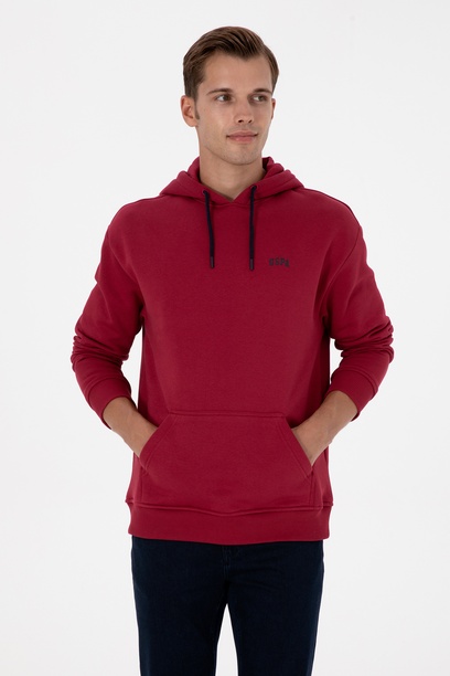 Erkek Oversize Fit Kapüşonlu Şardonlu Koyu Frambuaz Basic Sweatshi