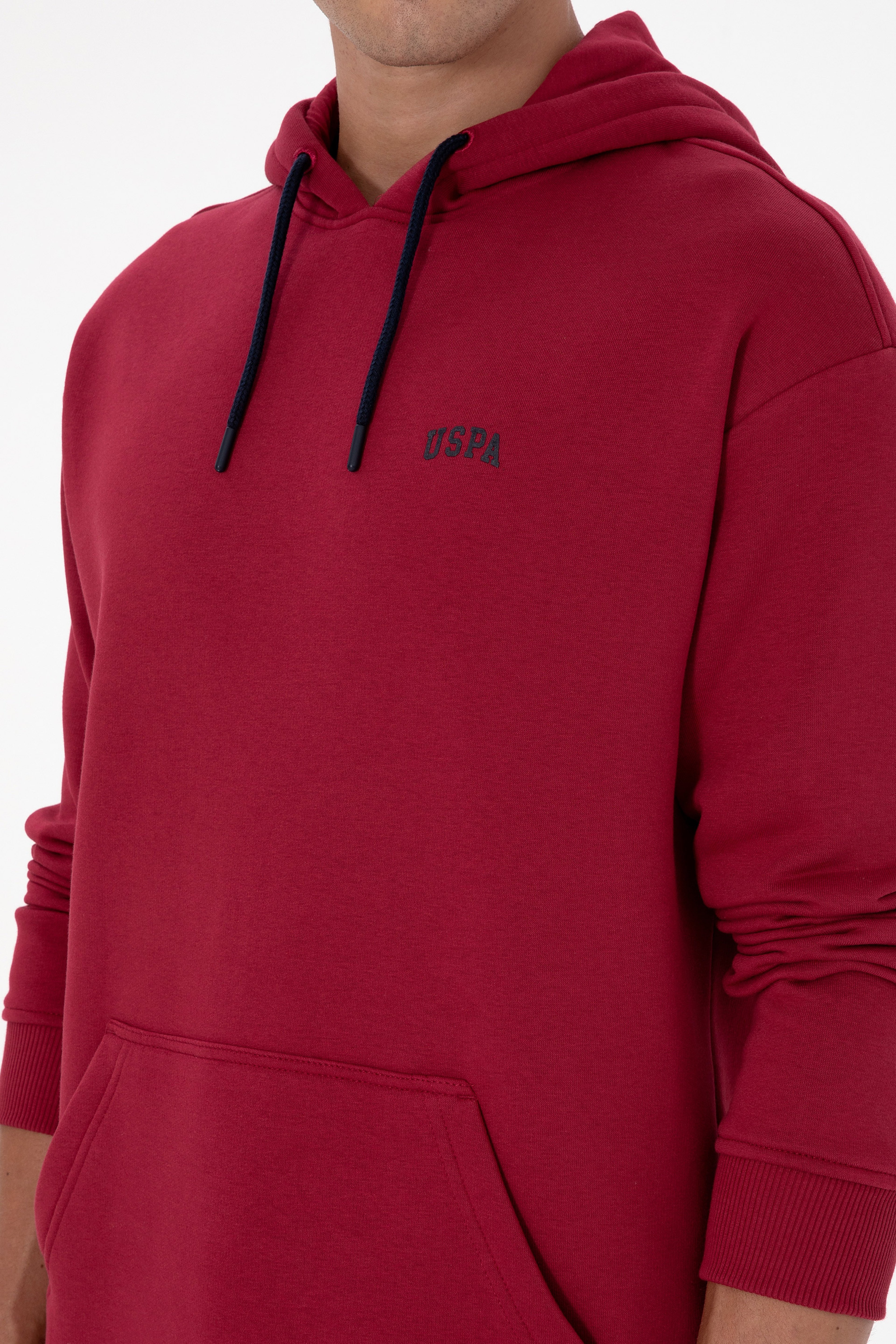 Erkek Oversize Fit Kapüşonlu Şardonlu Koyu Frambuaz Basic Sweatshi