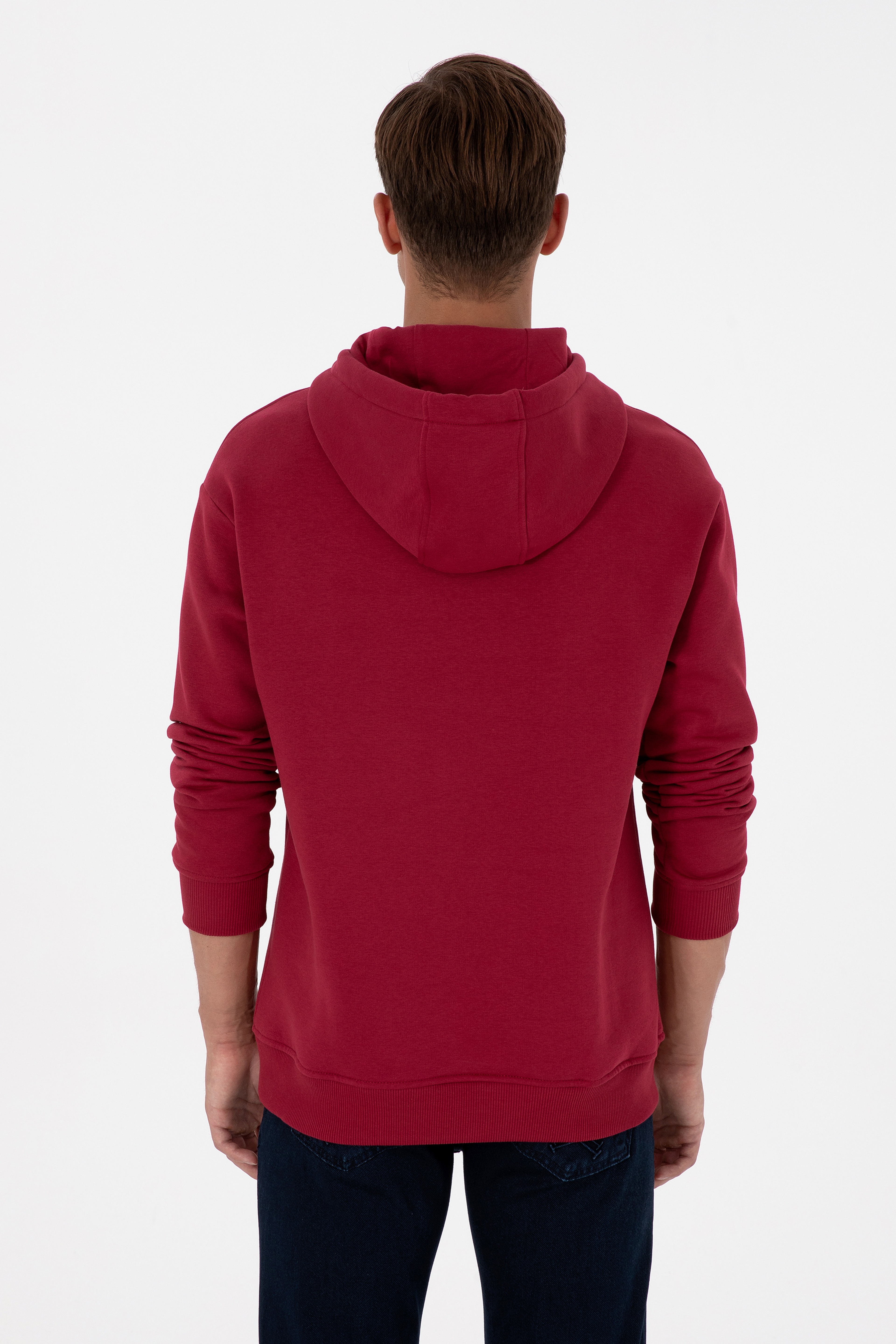 Erkek Oversize Fit Kapüşonlu Şardonlu Koyu Frambuaz Basic Sweatshi - Image 5