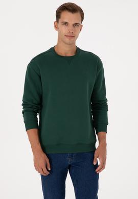 Erkek Comfort Fit Bisiklet Yaka Şardonlu Koyu Yeşil Basic Sweatshirt - 50313757081