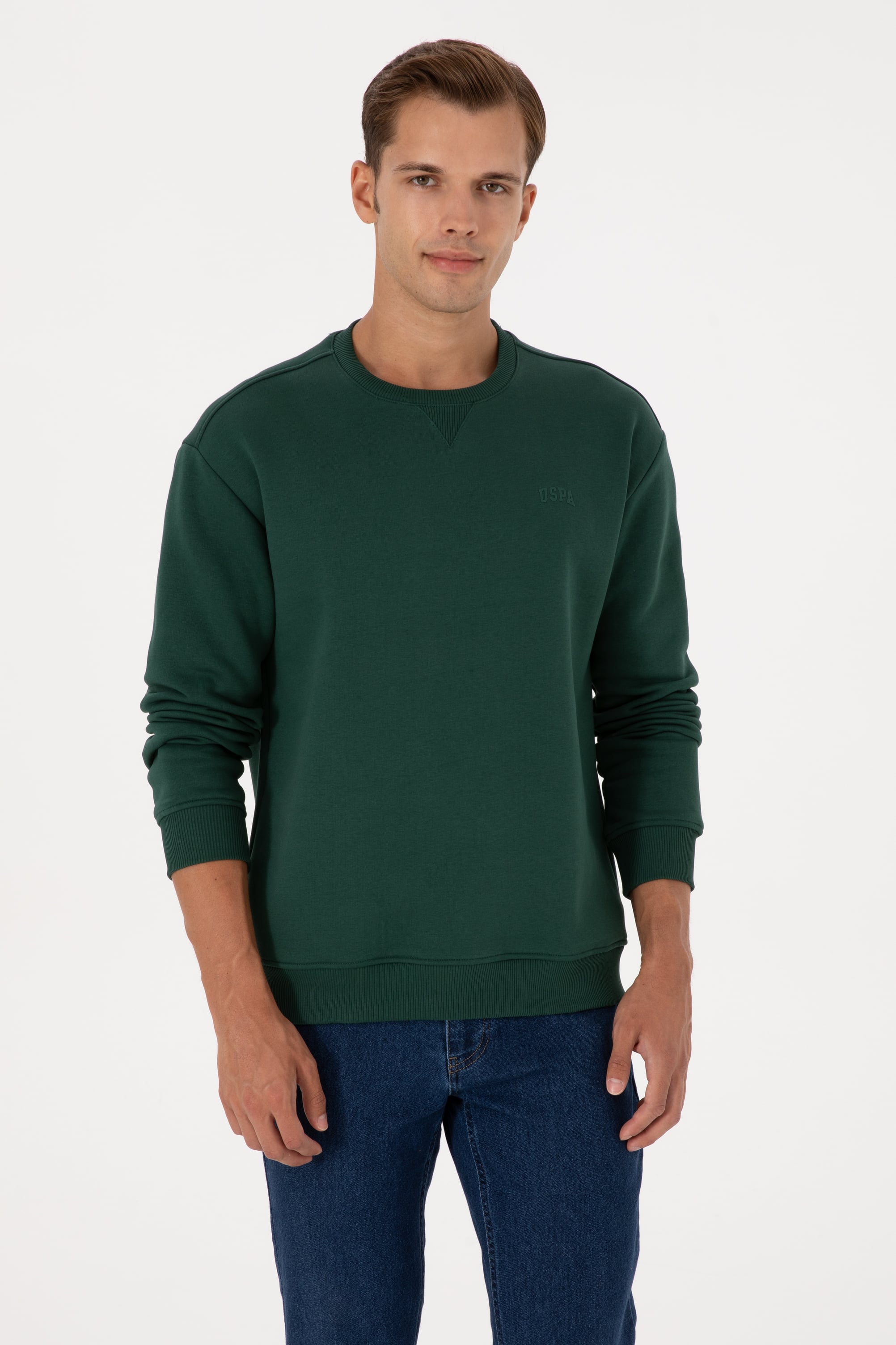 Erkek Comfort Fit Bisiklet Yaka Şardonlu Koyu Yeşil Basic Sweatshirt - Image 1