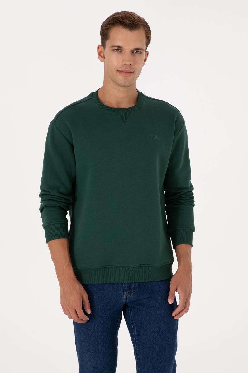 Erkek Comfort Fit Bisiklet Yaka Şardonlu Koyu Yeşil Basic Sweatshirt