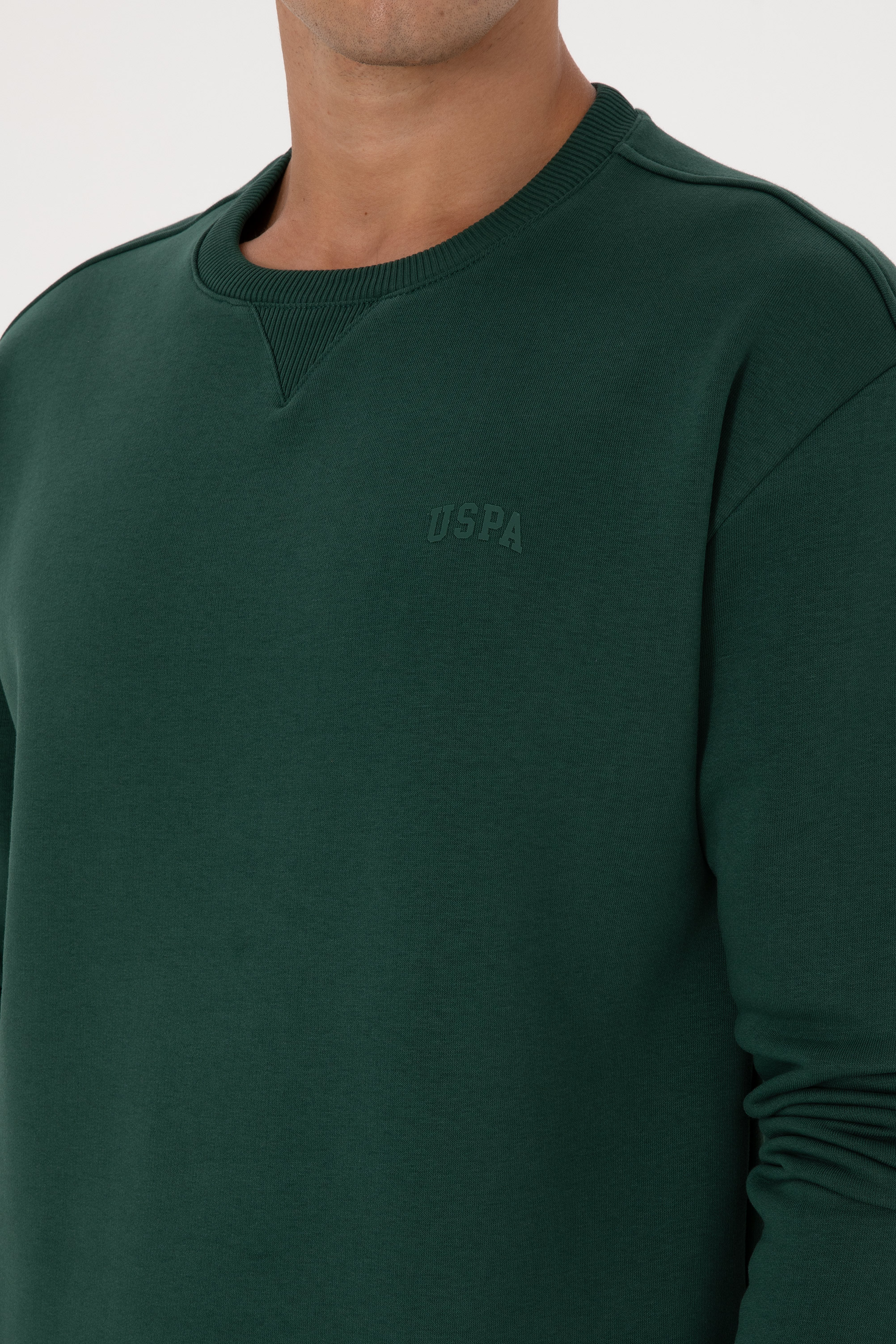 Erkek Comfort Fit Bisiklet Yaka Şardonlu Koyu Yeşil Basic Sweatshirt - Image 7