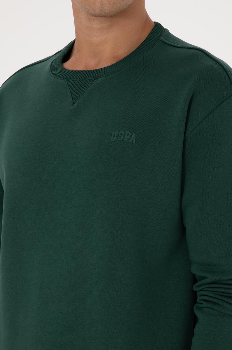 Erkek Comfort Fit Bisiklet Yaka Şardonlu Koyu Yeşil Basic Sweatshirt