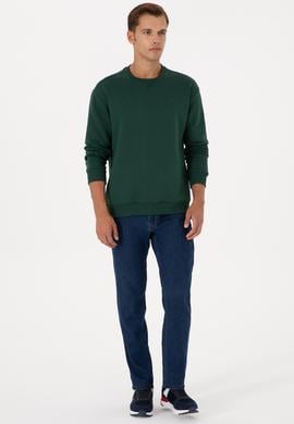 Erkek Comfort Fit Bisiklet Yaka Şardonlu Koyu Yeşil Basic Sweatshirt - 50313757081