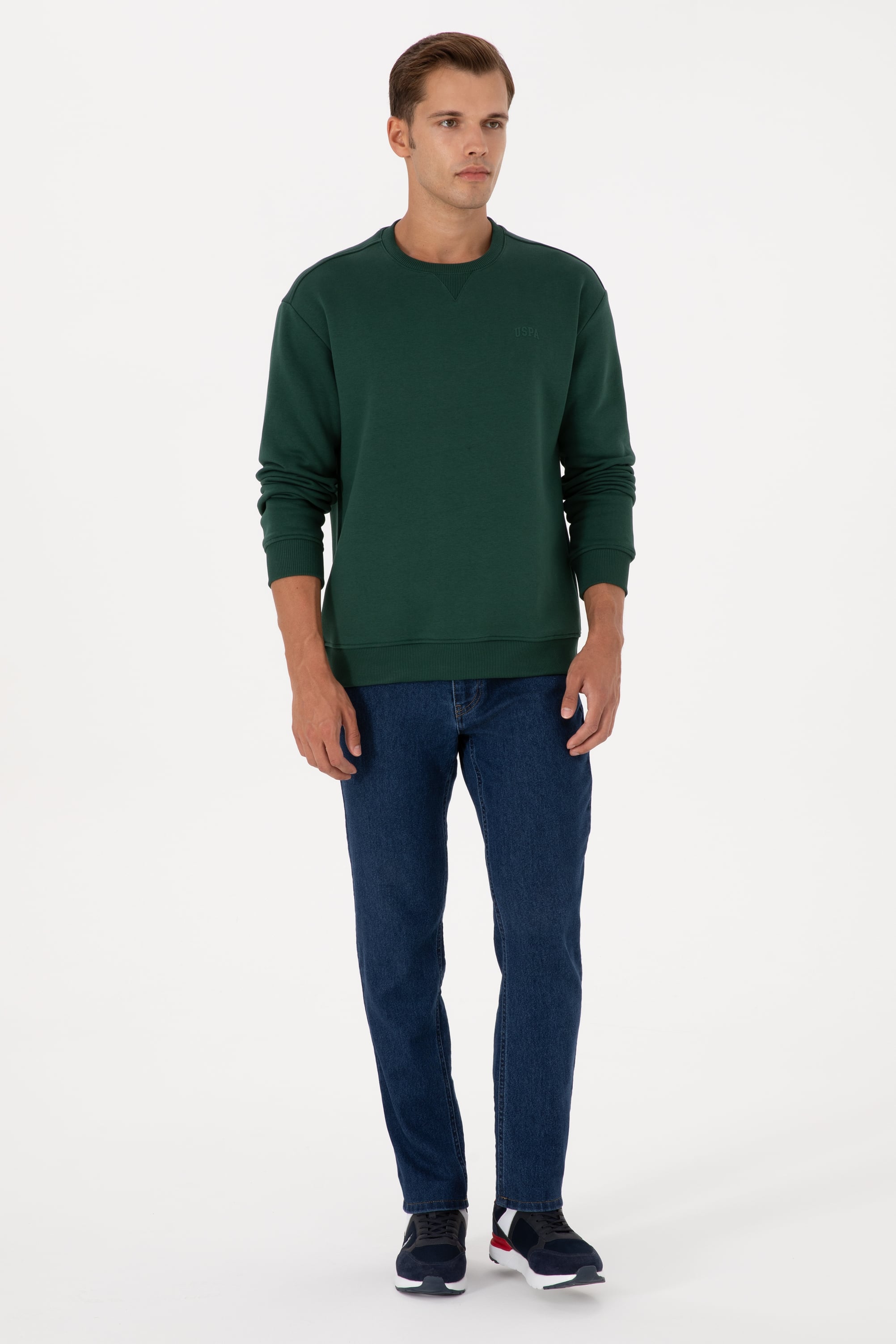 Erkek Comfort Fit Bisiklet Yaka Şardonlu Koyu Yeşil Basic Sweatshirt