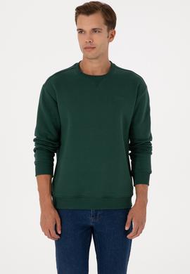 Erkek Comfort Fit Bisiklet Yaka Şardonlu Koyu Yeşil Basic Sweatshirt - 50313757081